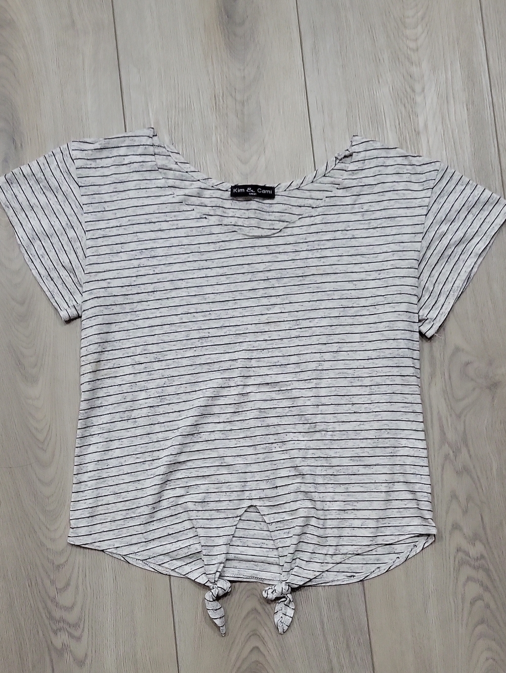 Kim & Cami White and Black Striped Tie-Front Short Sleeve Tee